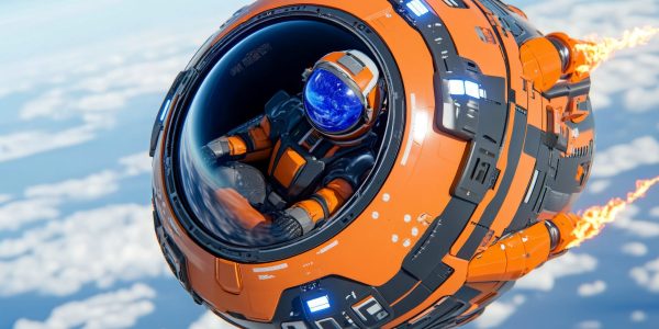 A space capsule re-entering Earthâ€™s atmosphere, with an astronaut visible inside, surrounded by fiery heat shields
