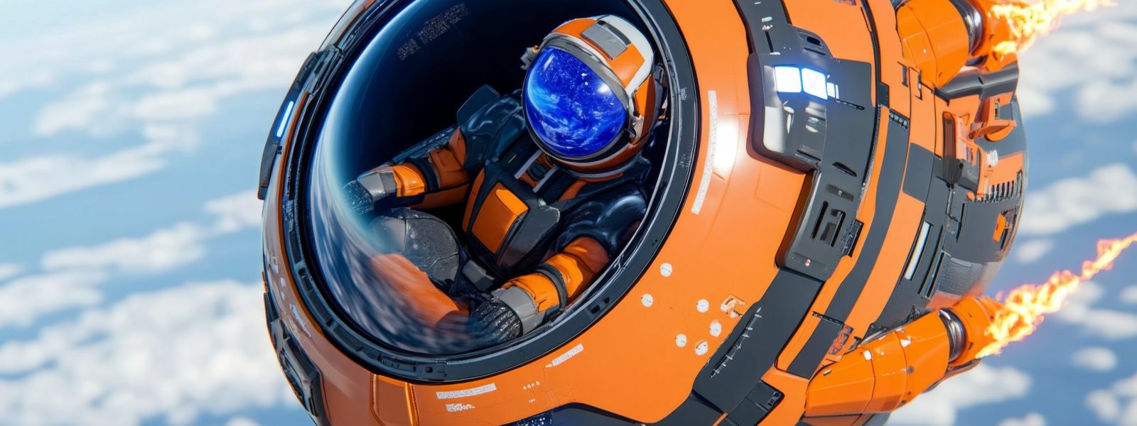 A space capsule re-entering Earthâ€™s atmosphere, with an astronaut visible inside, surrounded by fiery heat shields
